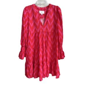 Pomander Place Dress Hot Pink‎ Kenzo Ikat Print V-neck Tiered Long Sleeve Medium